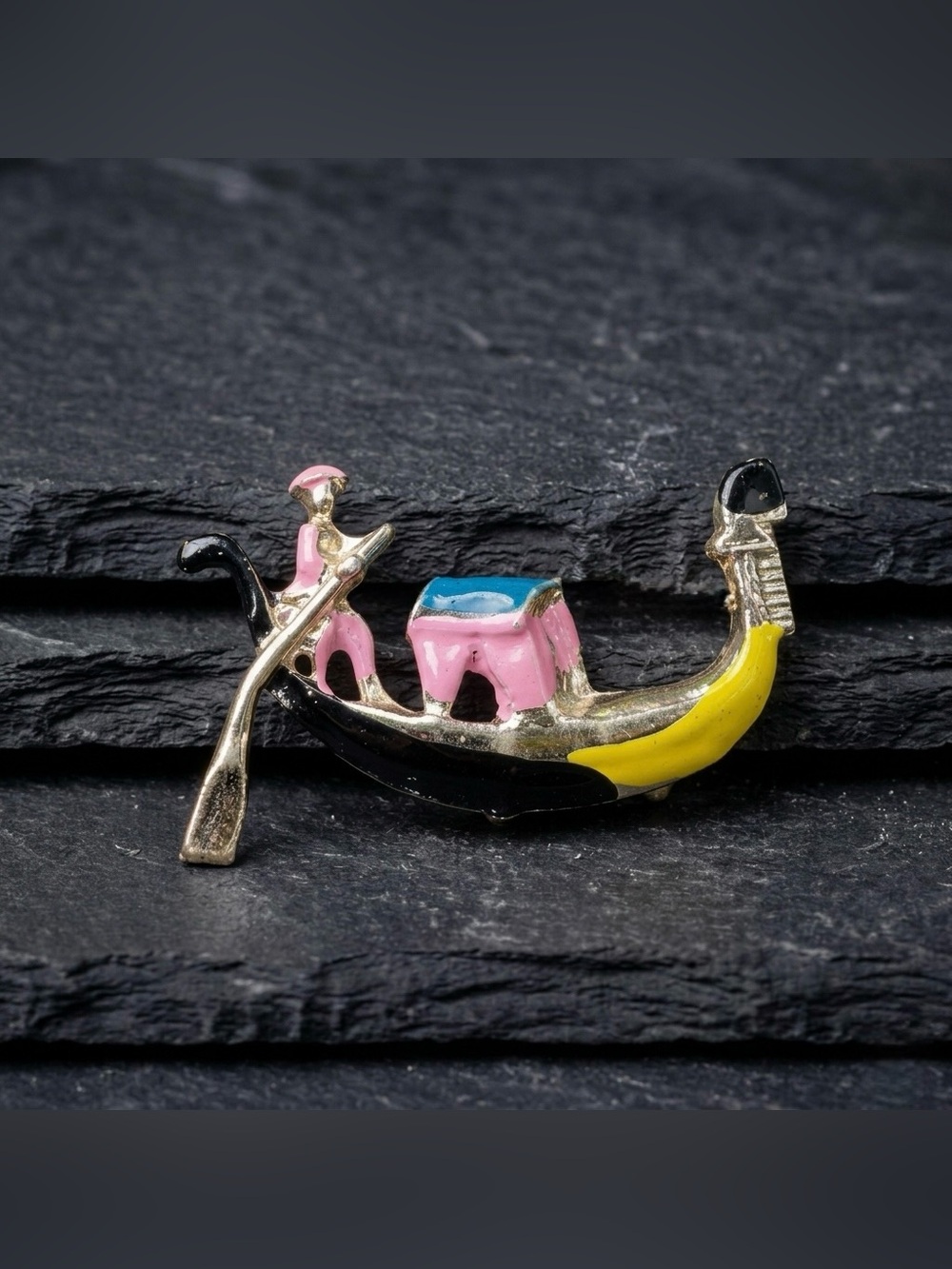 Vintage 70s Venetian Venice Gondola Colorful Enamel Italian Gold Tone Brooch